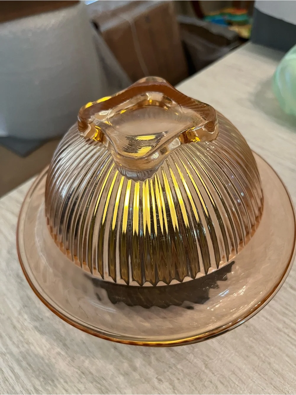 Vintage Pink Depression Glass Ribbed Bowl & Plate Fairy Lamp